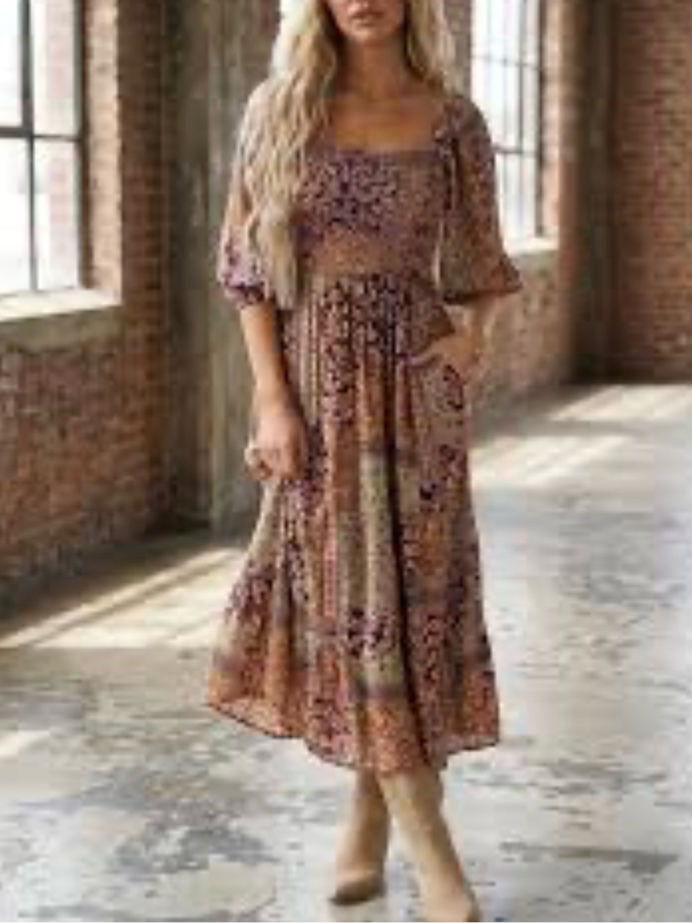 Angie Taupe and Rust Paisley Midi Dress